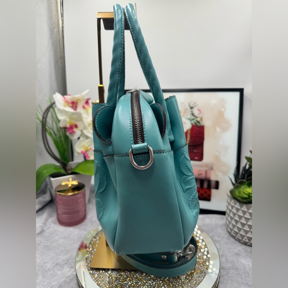 Patricia Nash Floral Embossed Italian Leather Satchel Shoulder Crossbody Teal - Picture 4 of 10